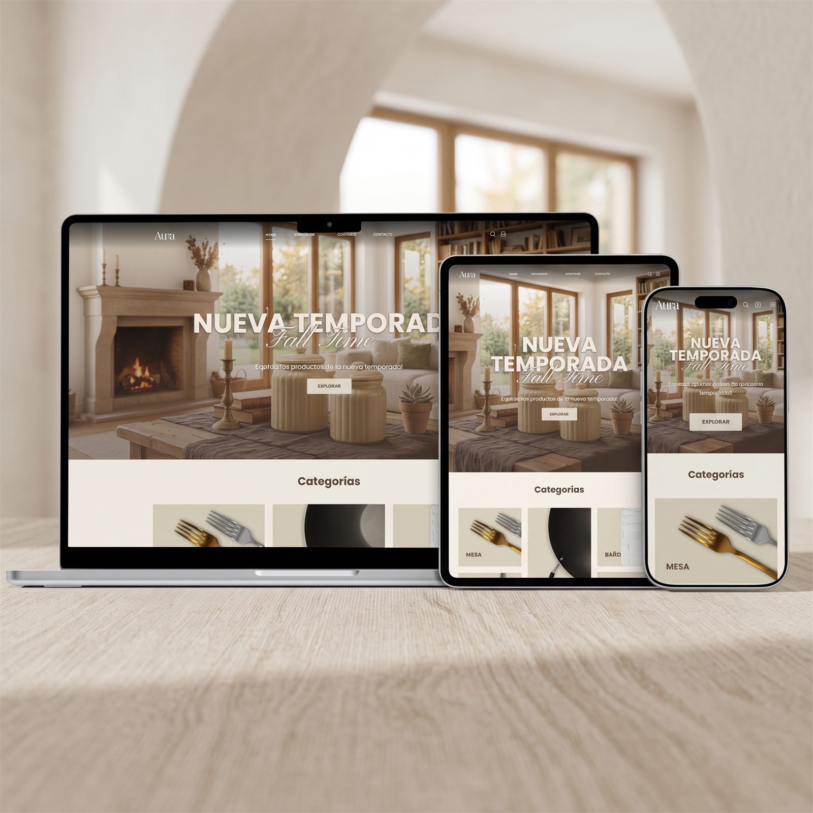 Tienda online de Aura Home Deco en laptop, tablet y celular