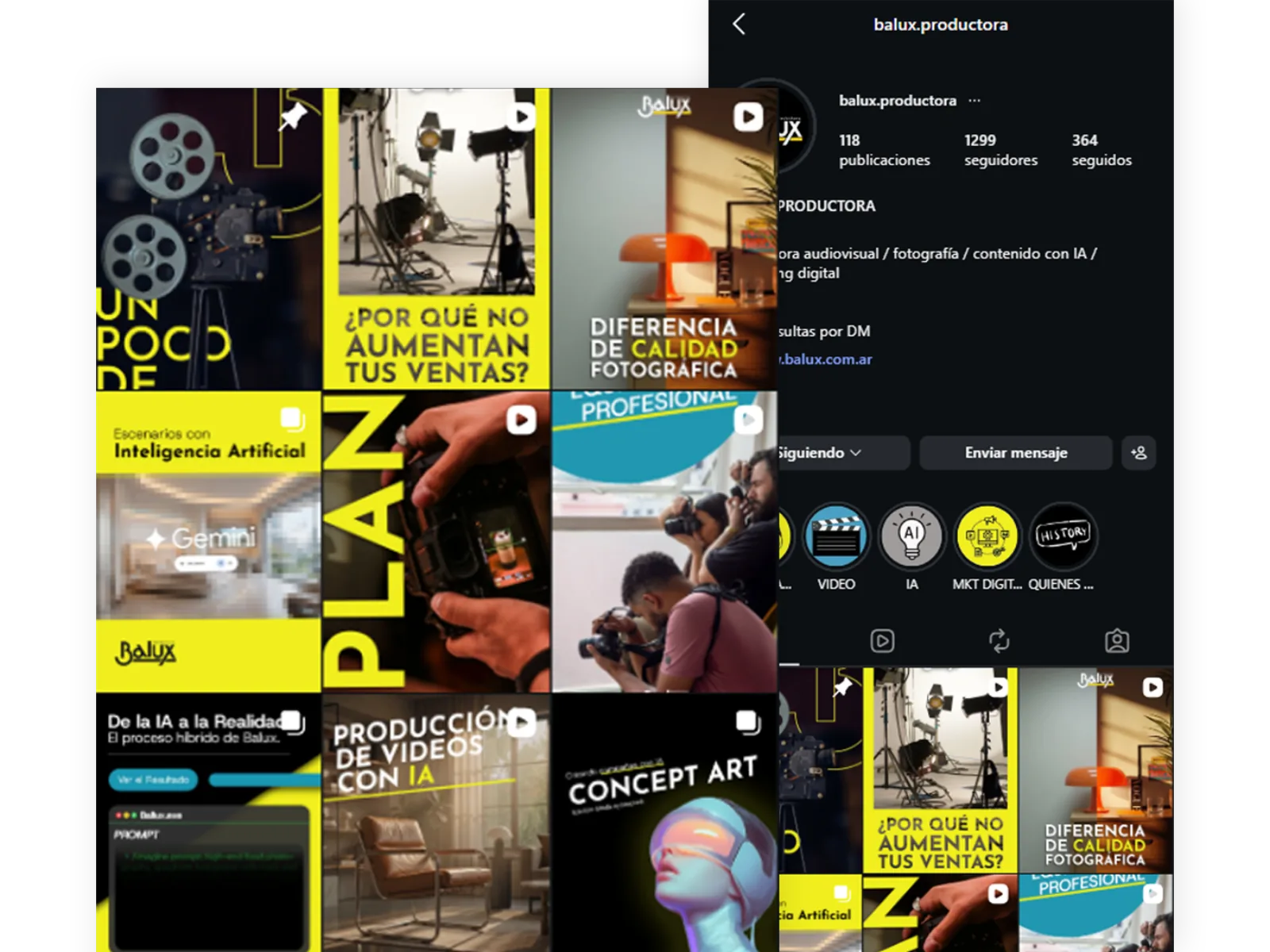 Grilla completa del feed de Instagram de Balux Productora con el sistema de contenido aplicado