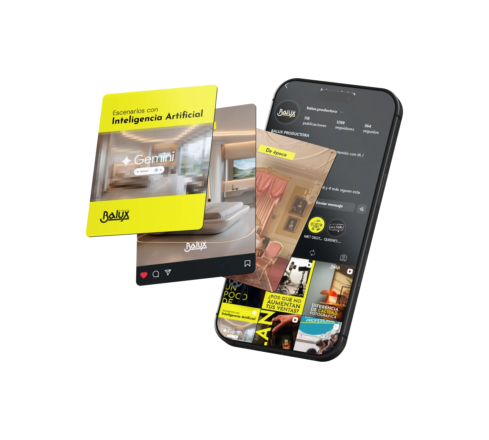 Piezas del carrusel de inteligencia artificial sobre el perfil de Instagram de Balux