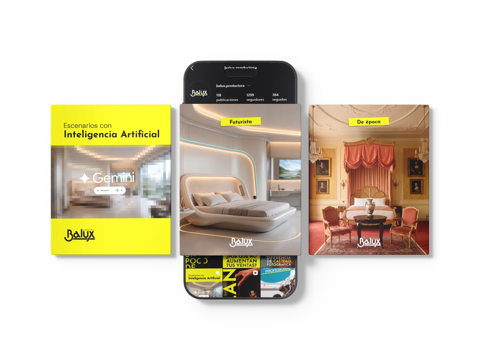 Carrusel Escenarios con Inteligencia Artificial: placa de portada y ambientes futurista y de época