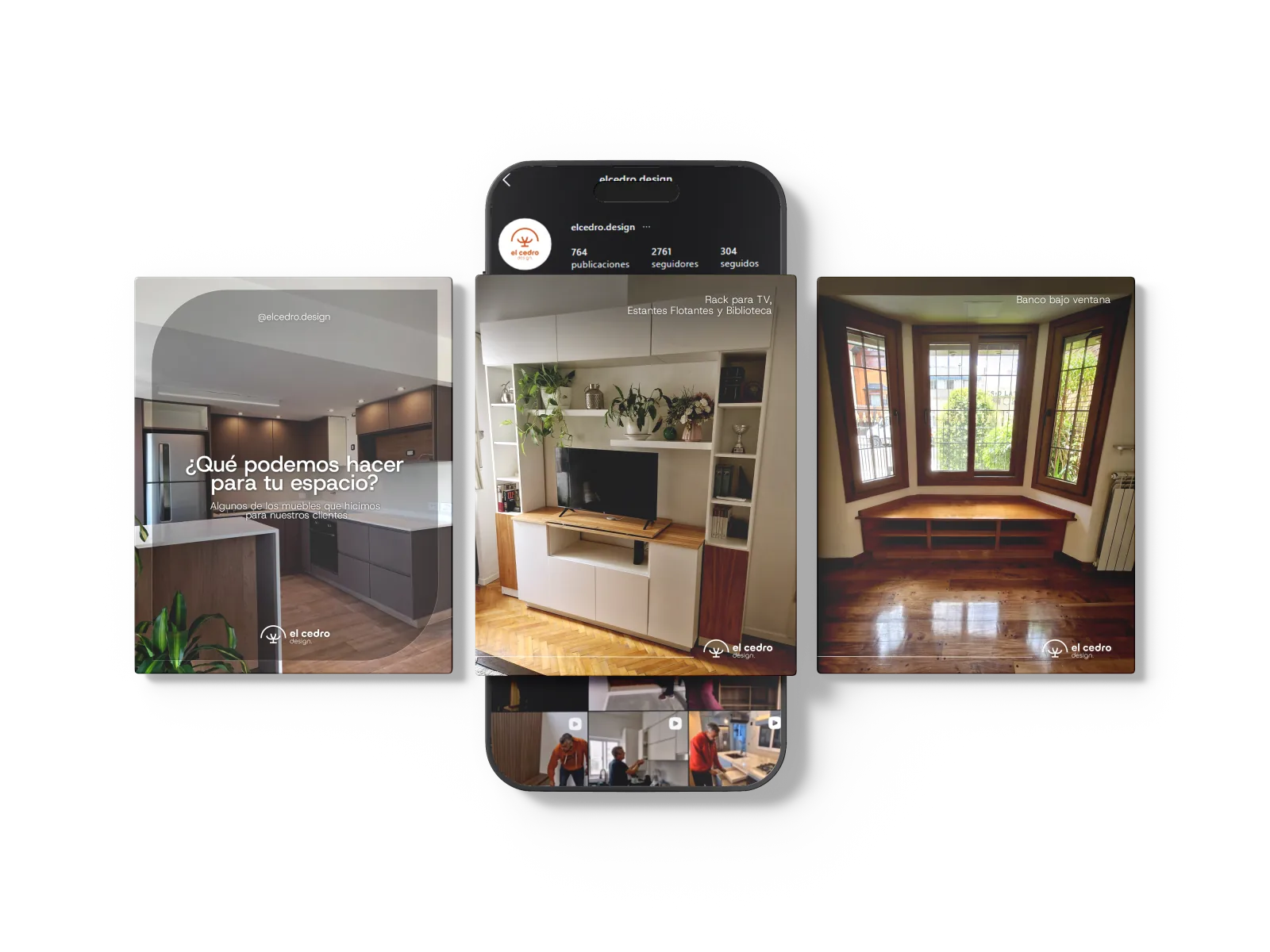 Placas de El Cedro sobre el perfil de Instagram: qué podemos hacer para tu espacio, rack para TV y muebles flotantes, y un banco bajo ventana
