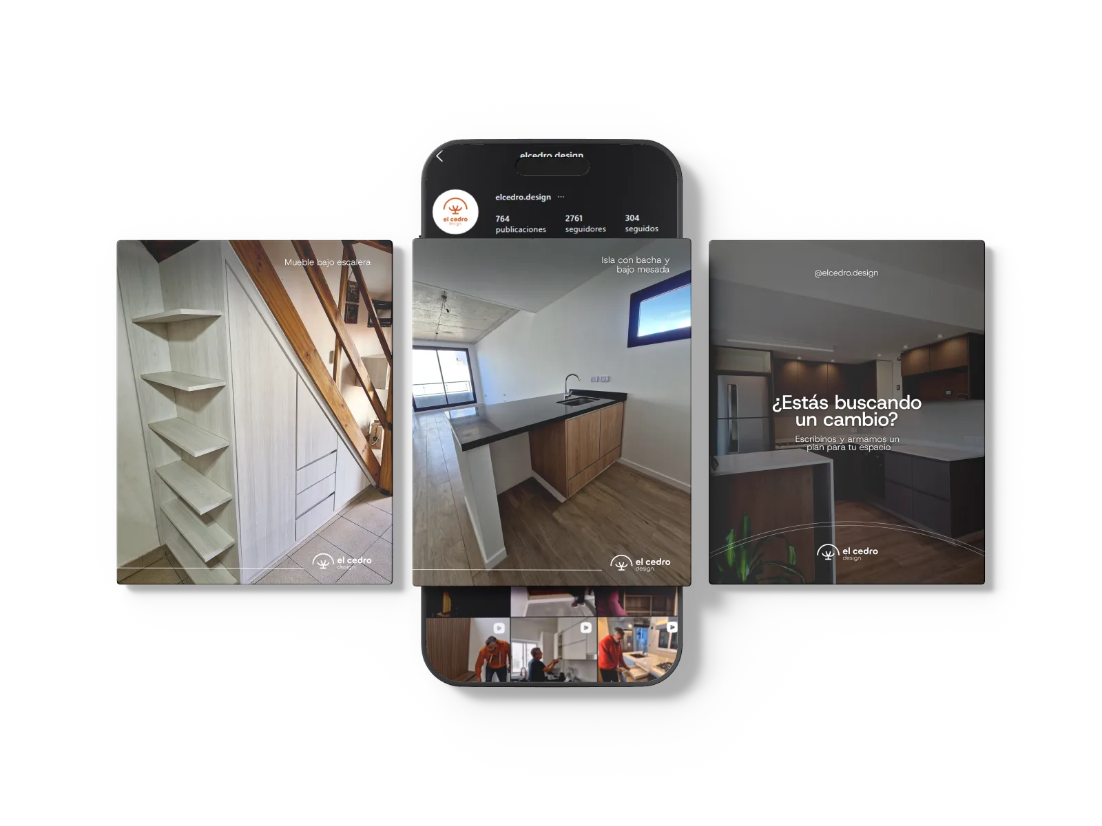 Placas de proyectos de El Cedro: interior de placard con estantes, mueble bajo mesada de cocina y la placa estás buscando un cambio