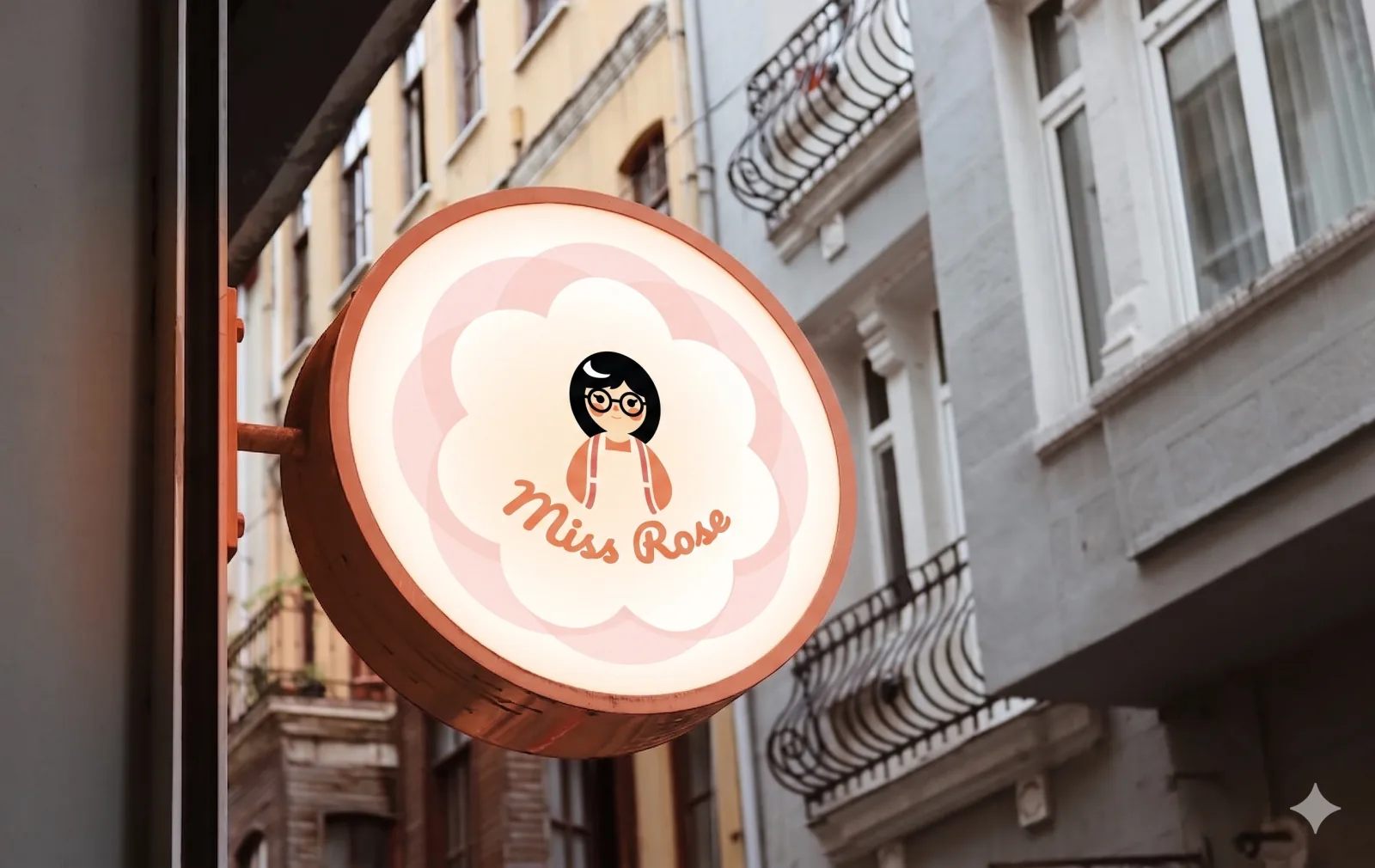 Cartel de marquesina circular iluminado con el logo de Miss Rose, colgado sobre la vereda