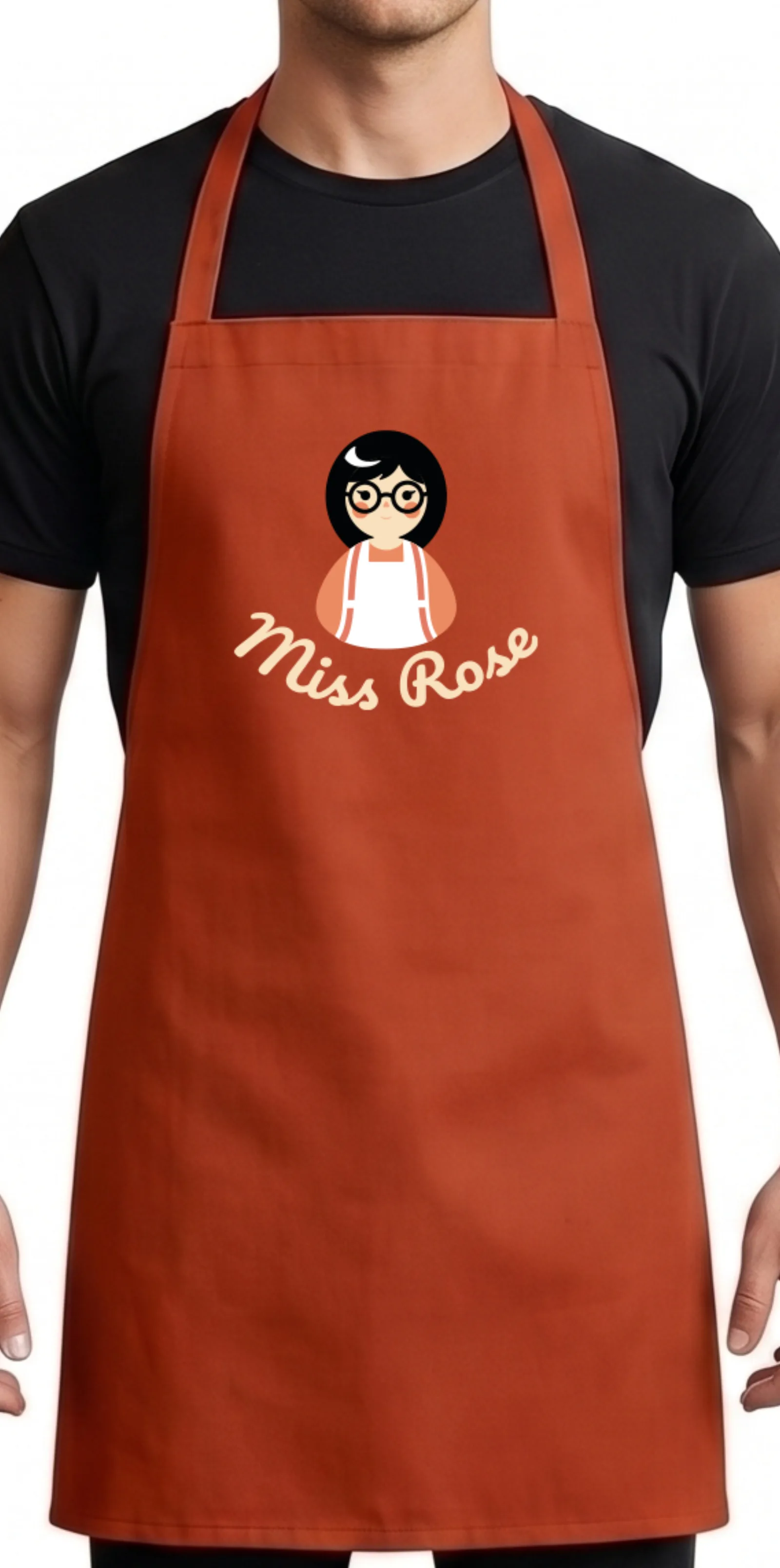Delantal terracota de Miss Rose con el logo estampado al centro