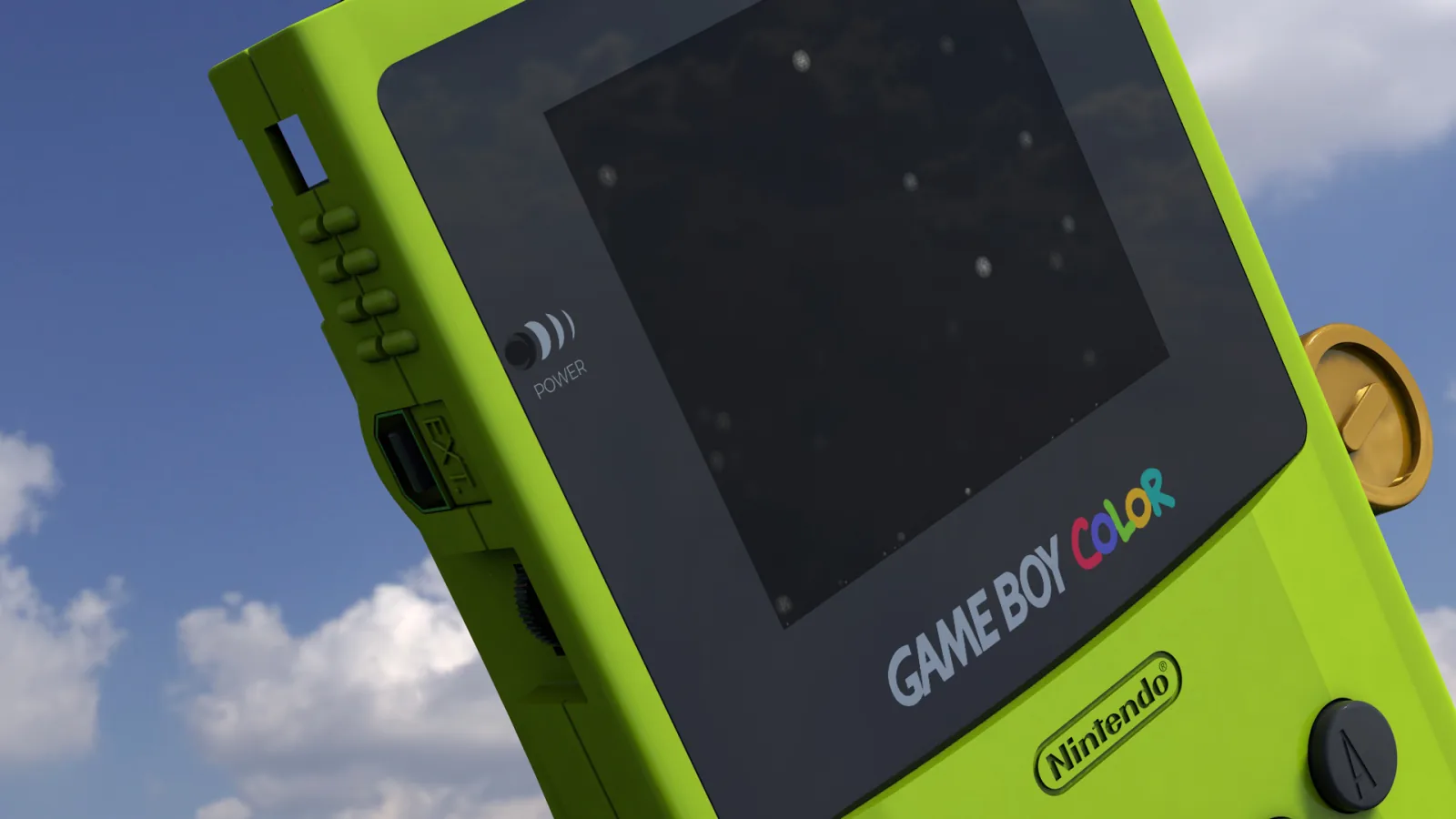 Game Boy Color en ángulo mostrando el lateral y el puerto de infrarrojos