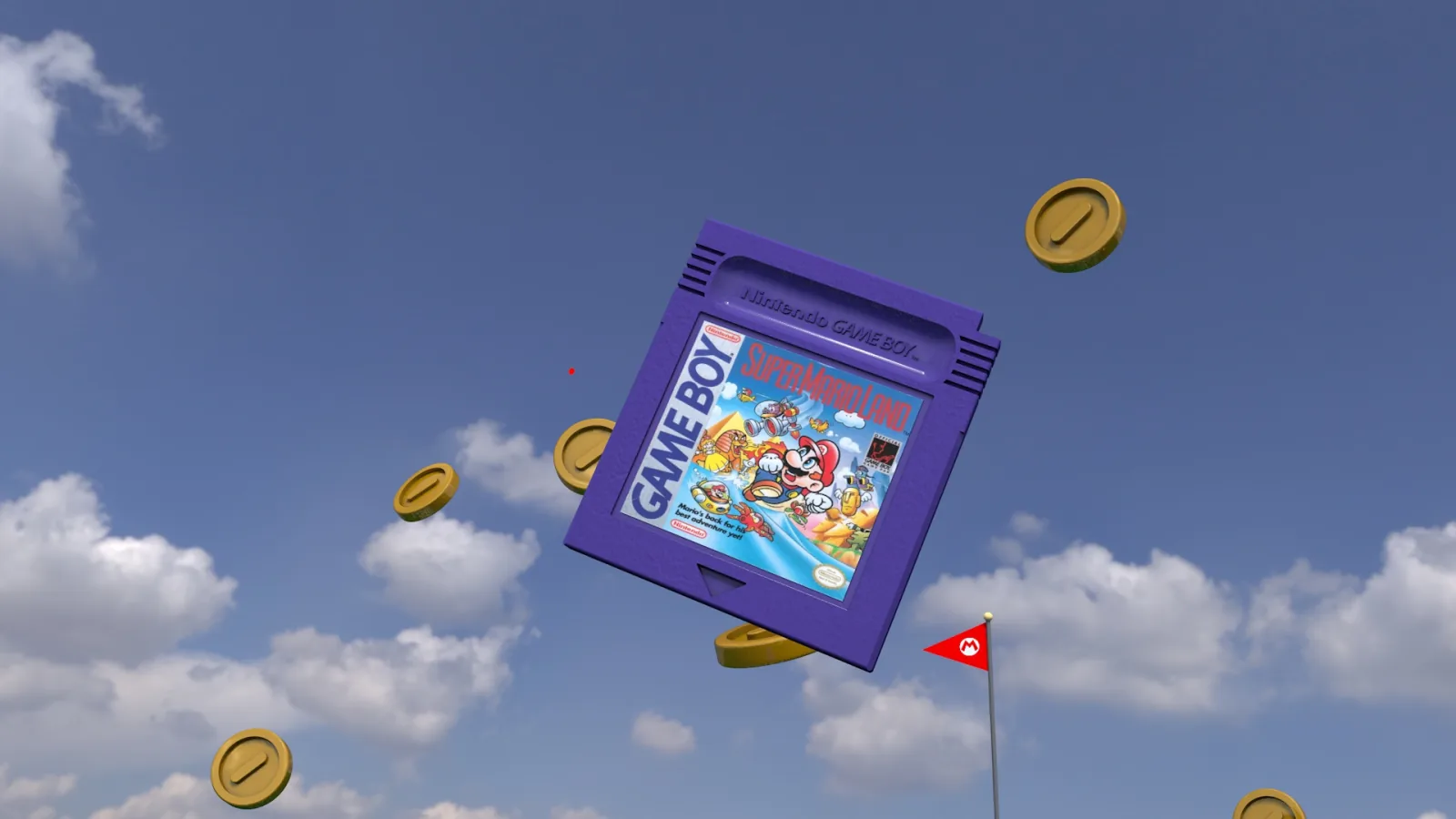 Cartucho violeta de Super Mario flotando en el cielo entre monedas