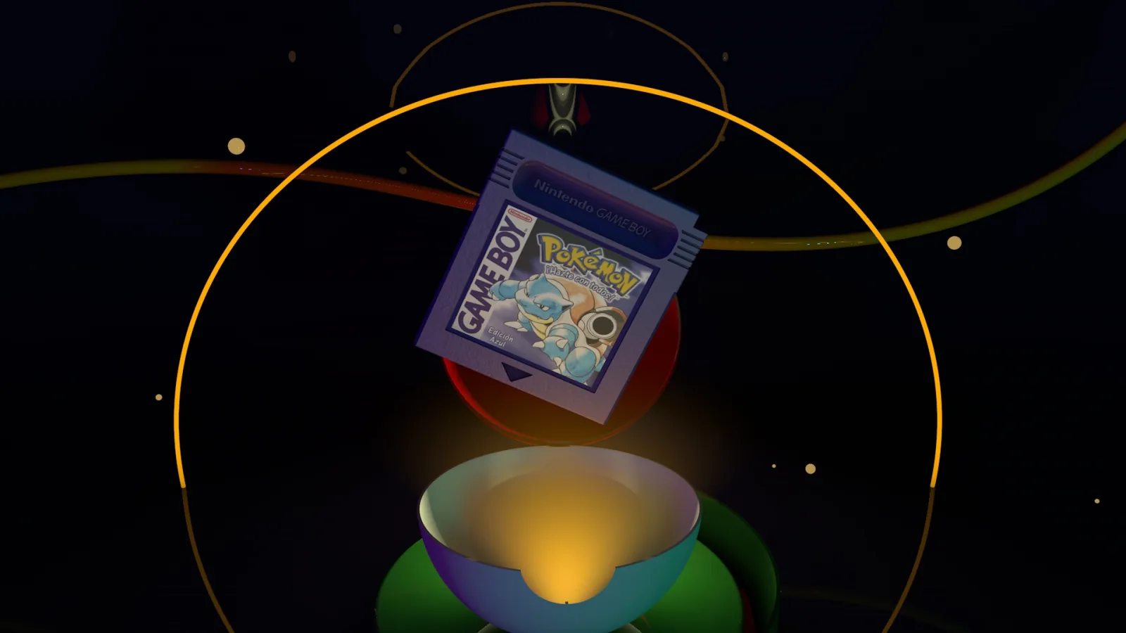 Cartucho azul de Pokémon flotando sobre una semiesfera iluminada