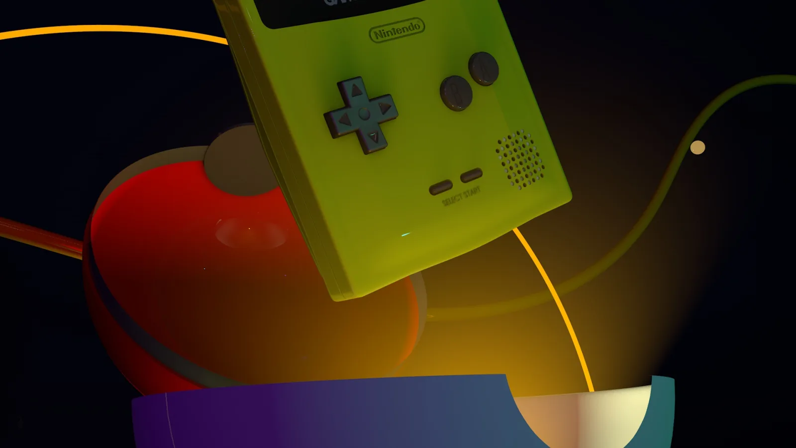 Detalle de la cruceta y los botones de la Game Boy Color iluminados en la escena nocturna