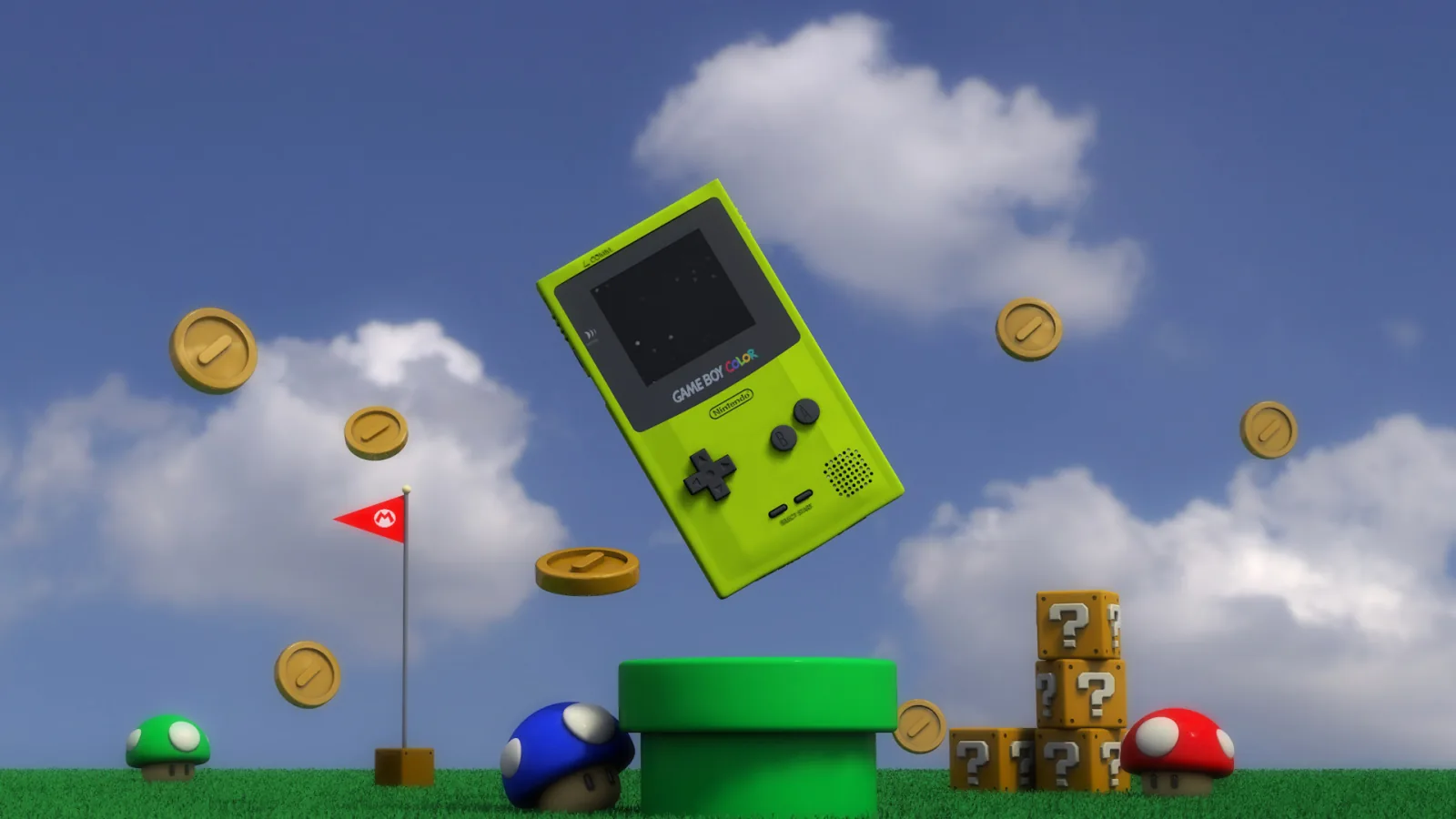 Render 3D de una Game Boy Color sobre un escenario de Super Mario
