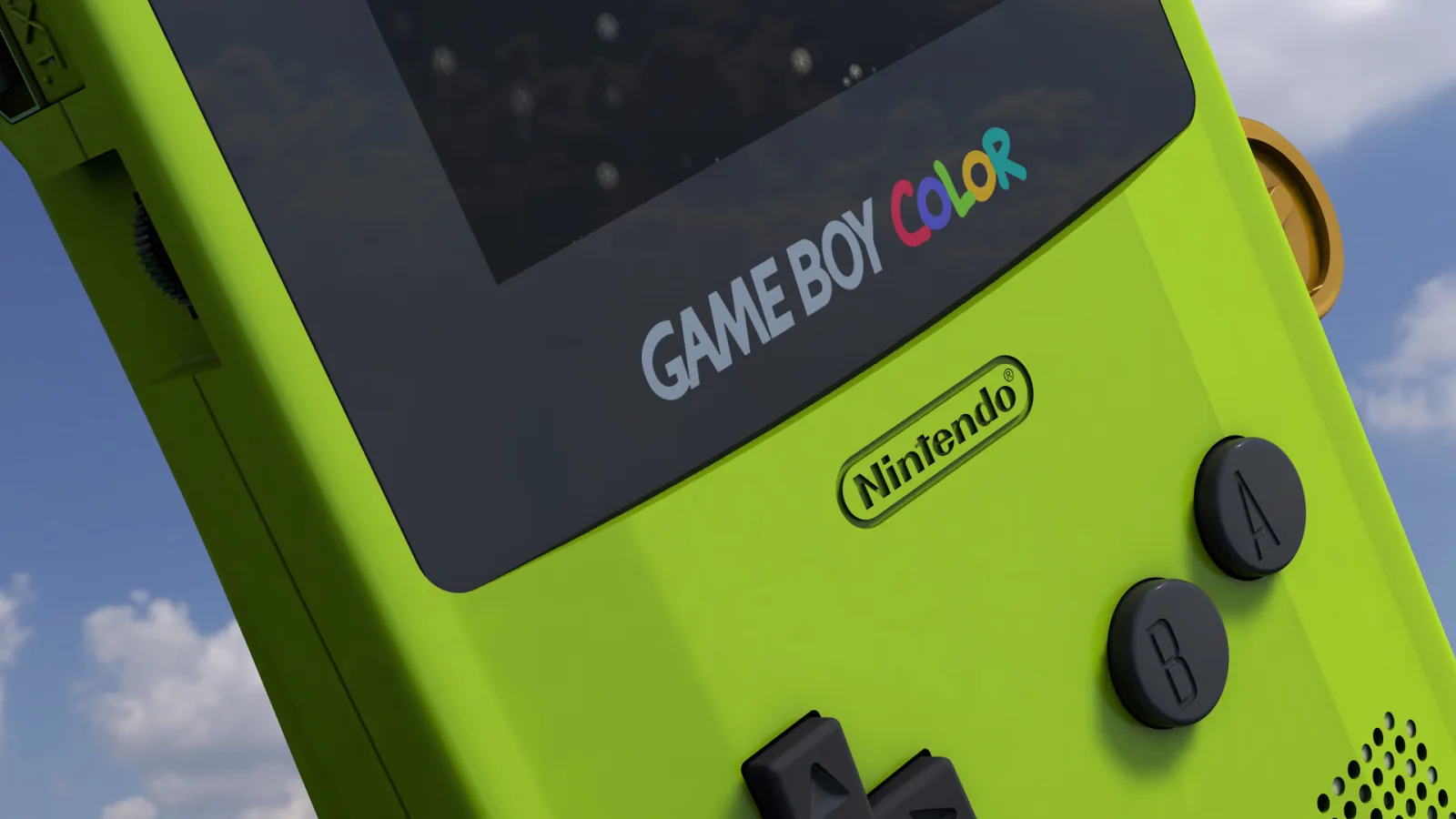 Primer plano frontal de la Game Boy Color verde lima con el logo Game Boy Color y la marca Nintendo
