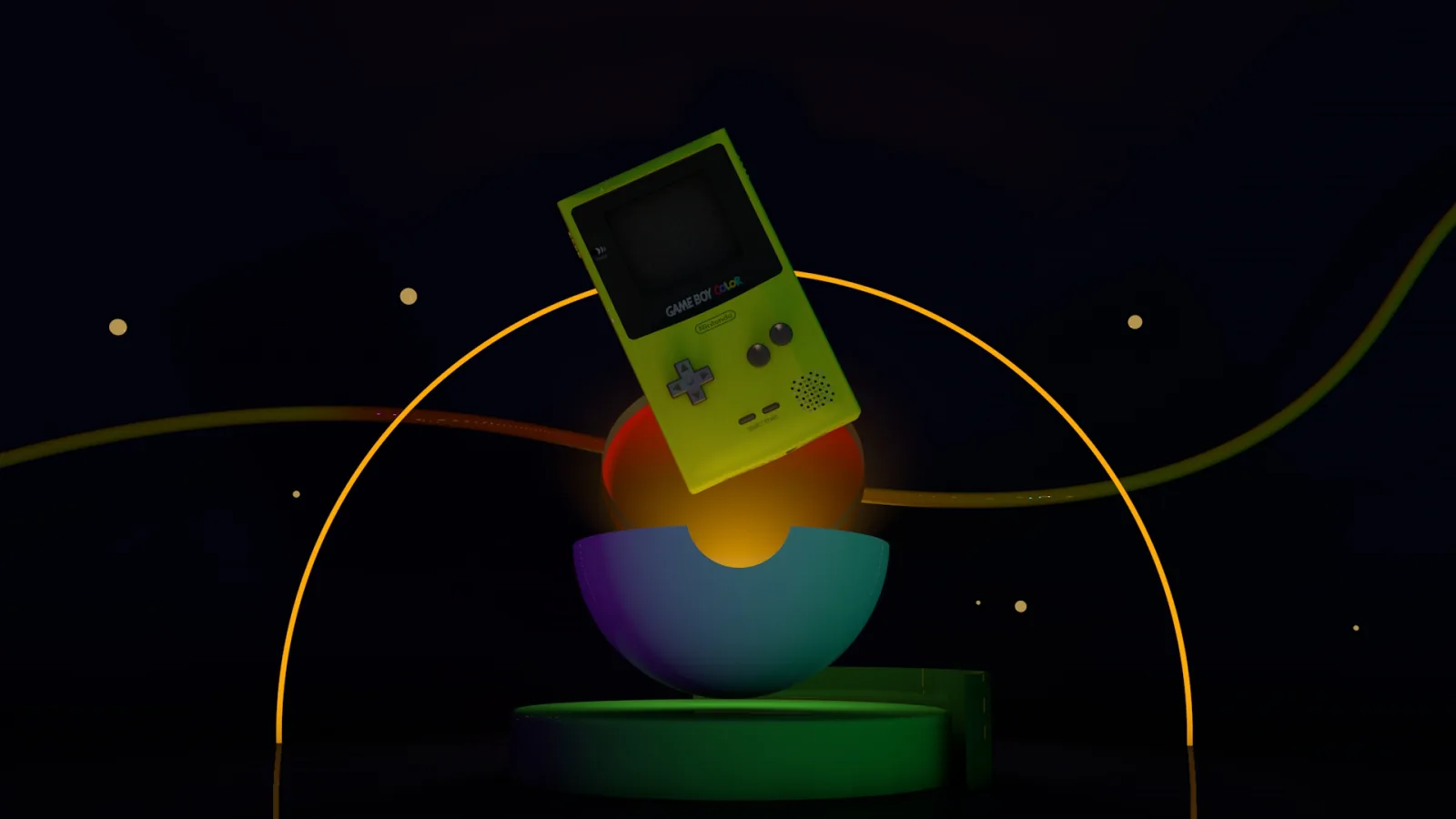 Game Boy Color sobre un pedestal de colores en la escena nocturna, rodeada por un anillo de luz naranja