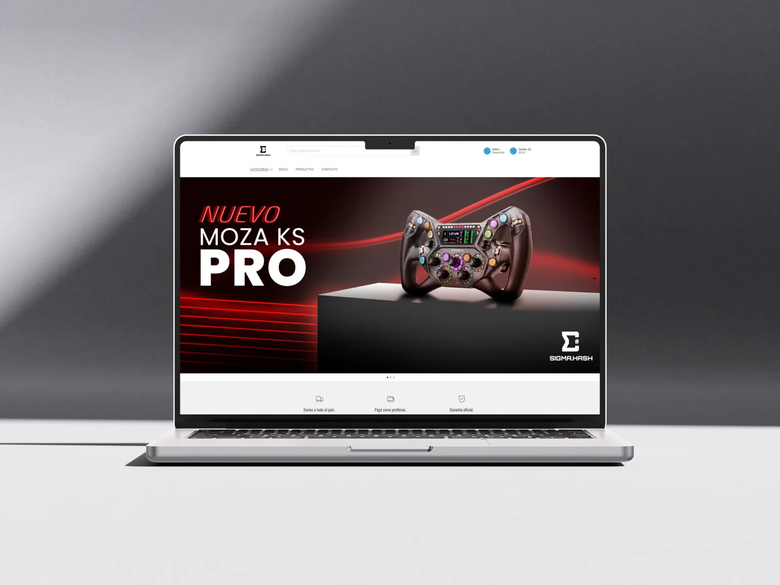 Home de Sigma Hash en una laptop, con el hero del volante MOZA KS Pro